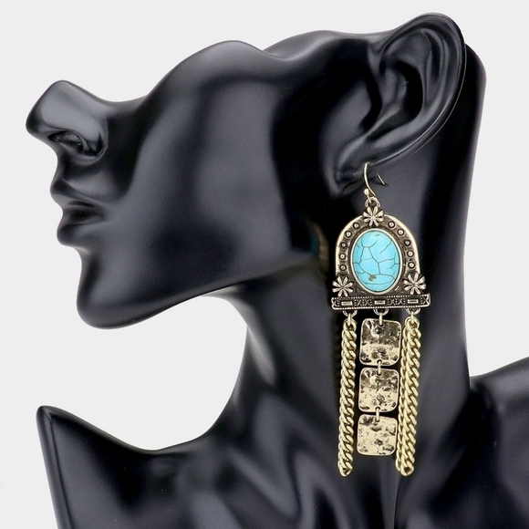 NWT Turquoise Gd Burnished Bohemian Western Chain Dangle Earrings - Picture 3 of 8